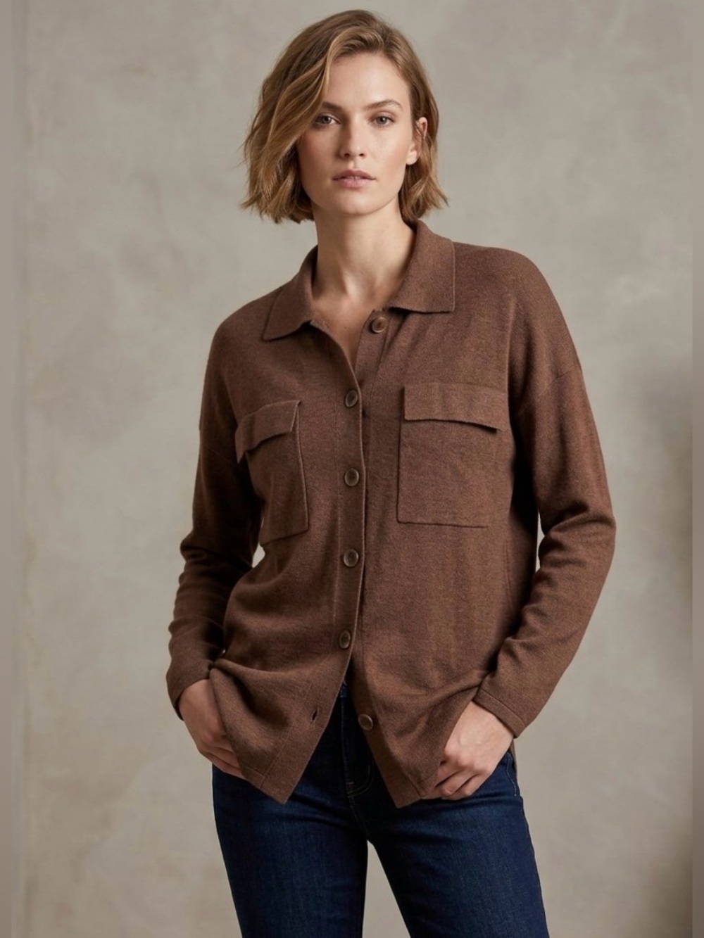 Hudson North Brown Button-Front Knit Shirt Jacket
